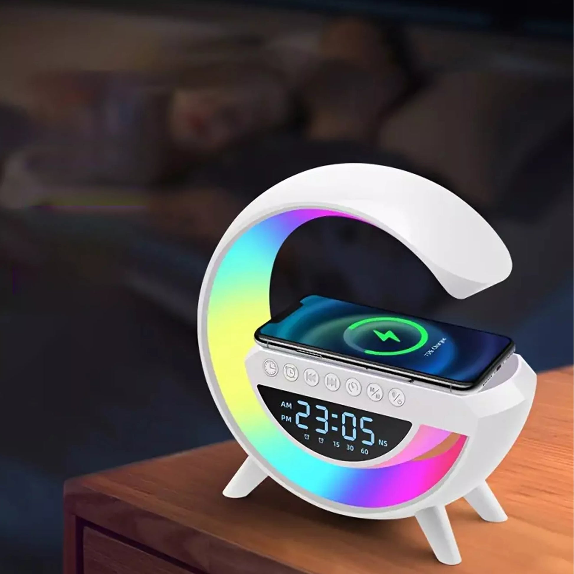 Daugiafunkcinė lempa , laikrodis su QI įkrovikliu