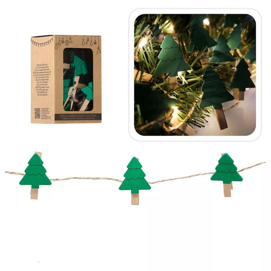 Kalėdinė LED girlianda su mediniais segtukais „Eglutės“, 10 LED, 2,2 m