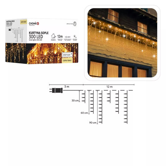 Kalėdinė LED užuolaida/varvekliai, 300 LED, šiltai balta šviesa, 12 m