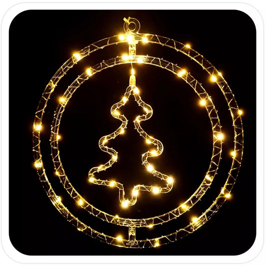 Kalėdinė šviečianti dekoracija – eglutė ratelyje, 48 LED, šiltai balta, baterijomis maitinama