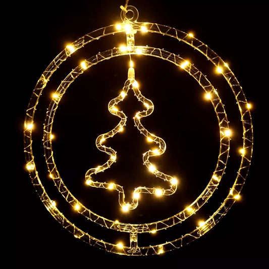 Kalėdinė šviečianti dekoracija – eglutė ratelyje, 48 LED, šiltai balta, baterijomis maitinama