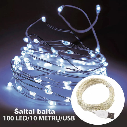 LED girlianda su USB jungtimi, 10 m, 100 LED, šaltai balta