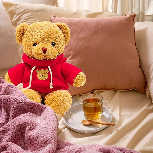 Minkštas pliušinis meškiukas su raudonu džemperiu